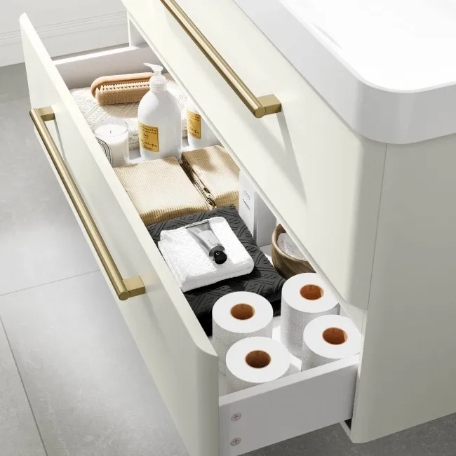 Omaha Linen White Wall Hung Basin Drawer Vanity 1000mm - Brushed Brass Accents
