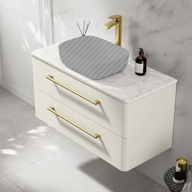 Omaha Linen White Wall Hung Drawer Vanity with Marble Top 1000mm (Excludes Counter Top Basin) - Brushed Brass Accents