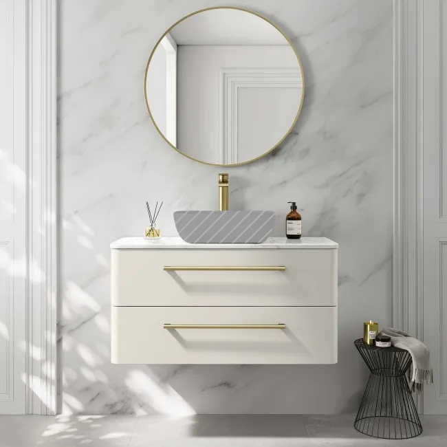Omaha Linen White Wall Hung Drawer Vanity with Marble Top 1000mm (Excludes Counter Top Basin) - Brushed Brass Accents