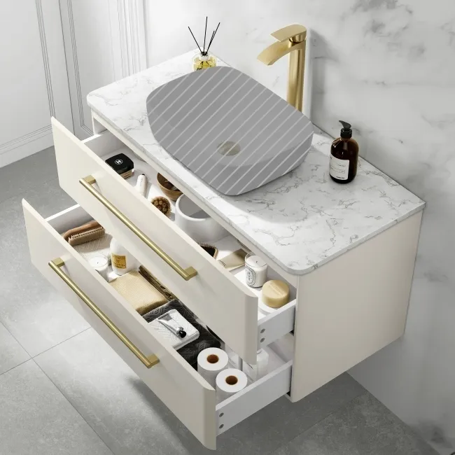 Omaha Linen White Wall Hung Drawer Vanity with Marble Top 1000mm (Excludes Counter Top Basin) - Brushed Brass Accents