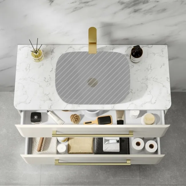 Omaha Linen White Wall Hung Drawer Vanity with Marble Top 1000mm (Excludes Counter Top Basin) - Brushed Brass Accents
