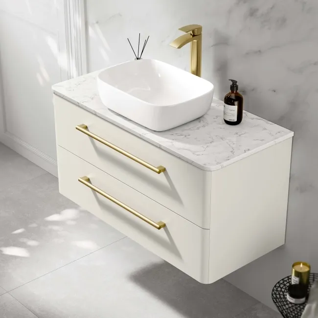 Omaha Linen White Wall Hung Drawer Vanity with Marble Top & Curved Counter Top Basin 1000mm - Brushed Brass Accents