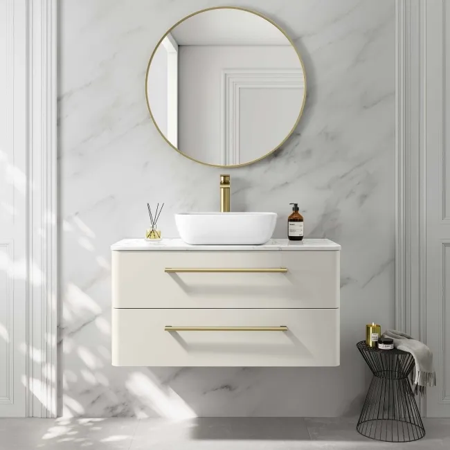 Omaha Linen White Wall Hung Drawer Vanity with Marble Top & Curved Counter Top Basin 1000mm - Brushed Brass Accents