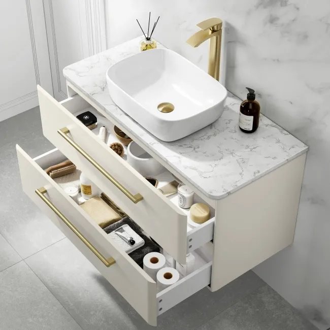 Omaha Linen White Wall Hung Drawer Vanity with Marble Top & Curved Counter Top Basin 1000mm - Brushed Brass Accents