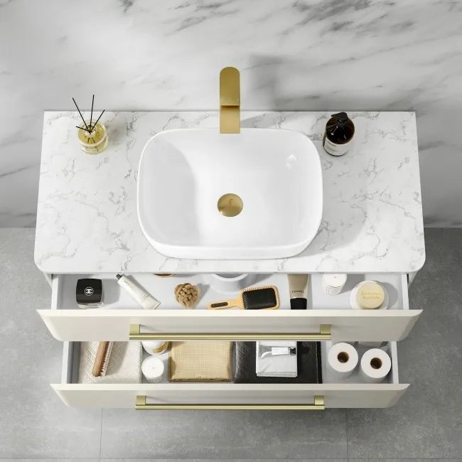 Omaha Linen White Wall Hung Drawer Vanity with Marble Top & Curved Counter Top Basin 1000mm - Brushed Brass Accents