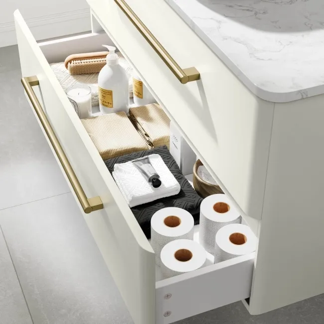 Omaha Linen White Wall Hung Drawer Vanity with Marble Top & Curved Counter Top Basin 1000mm - Brushed Brass Accents