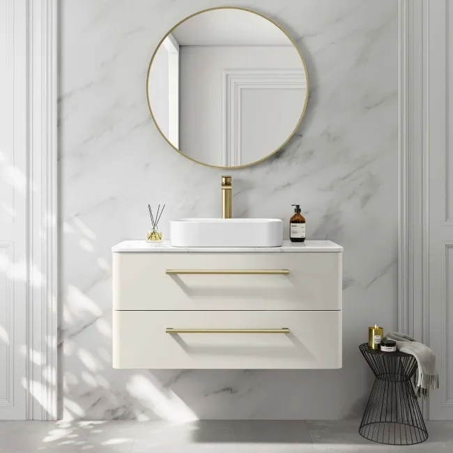 Omaha Linen White Wall Hung Drawer Vanity with Marble Top & Marin Basin 1000mm - Brushed Brass Accents