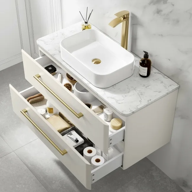 Omaha Linen White Wall Hung Drawer Vanity with Marble Top & Marin Basin 1000mm - Brushed Brass Accents