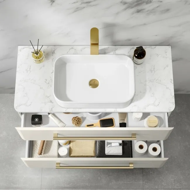 Omaha Linen White Wall Hung Drawer Vanity with Marble Top & Marin Basin 1000mm - Brushed Brass Accents