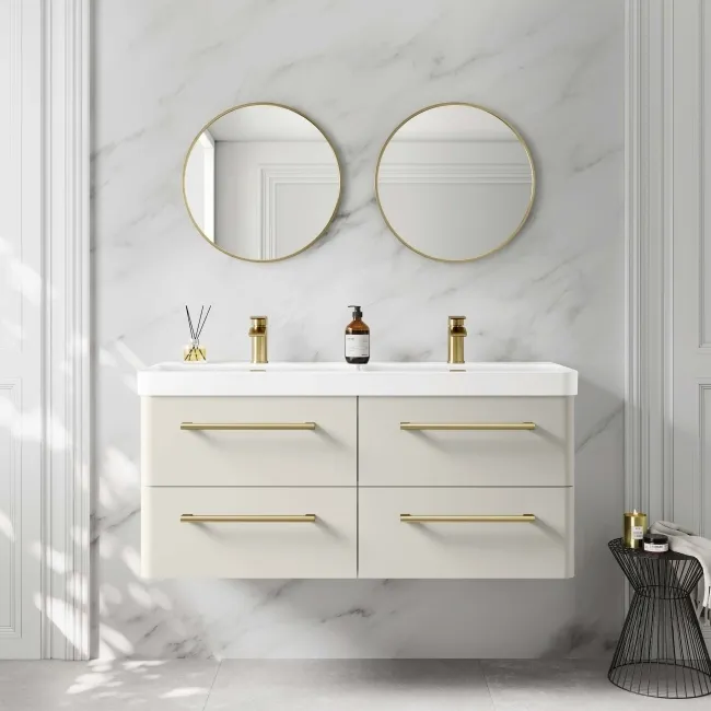 Omaha Linen White Wall Hung Double Basin Drawer Vanity 1200mm - Brushed Brass Accents