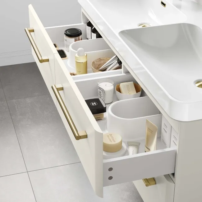 Omaha Linen White Wall Hung Double Basin Drawer Vanity 1200mm - Brushed Brass Accents