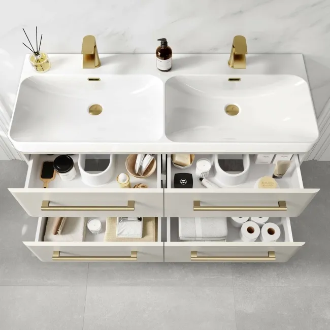Omaha Linen White Wall Hung Double Basin Drawer Vanity 1200mm - Brushed Brass Accents