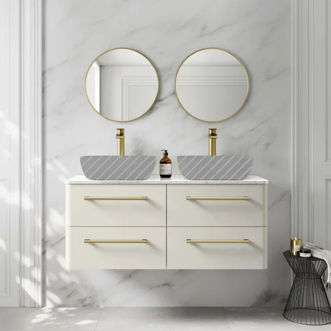 Omaha Linen White Wall Hung Drawer Vanity with Marble Top 1200mm (Excludes Counter Top Basin) - Brushed Brass Accents