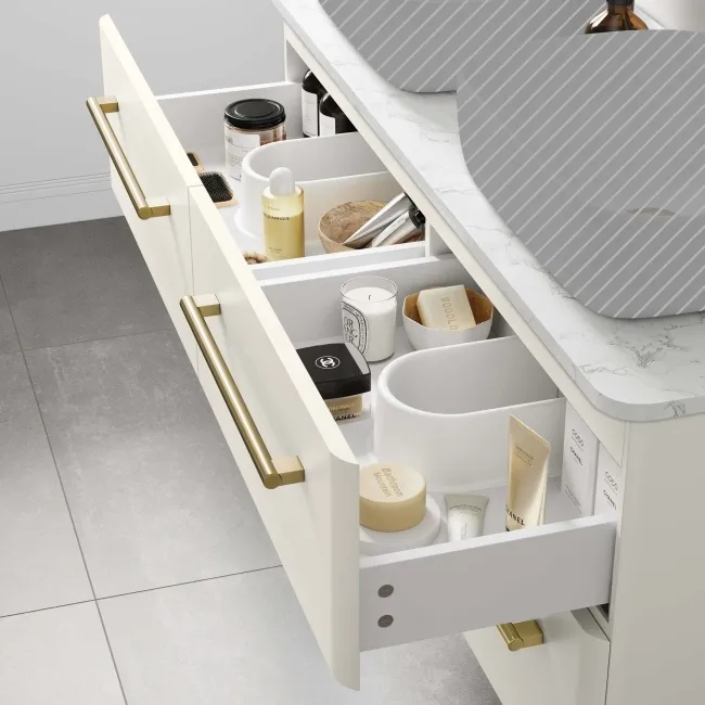 Omaha Linen White Wall Hung Drawer Vanity with Marble Top 1200mm (Excludes Counter Top Basin) - Brushed Brass Accents