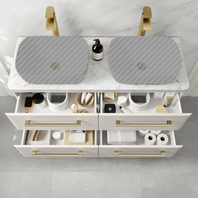 Omaha Linen White Wall Hung Drawer Vanity with Marble Top 1200mm (Excludes Counter Top Basin) - Brushed Brass Accents