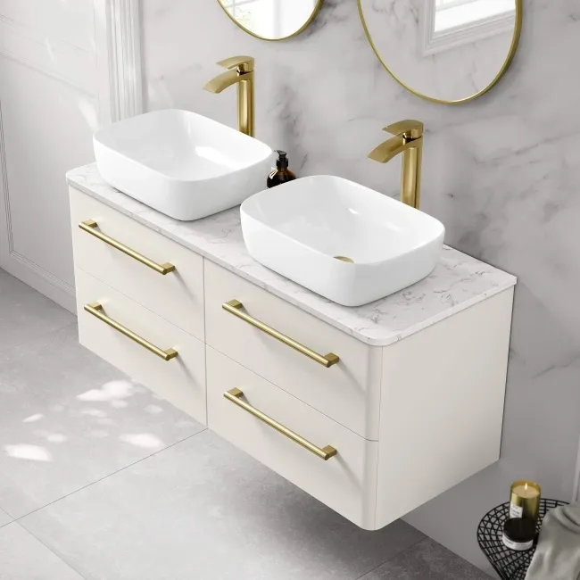 Omaha Linen White Wall Hung Drawer Vanity with Marble Top & Curved Counter Top Basin 1200mm - Brushed Brass Accents