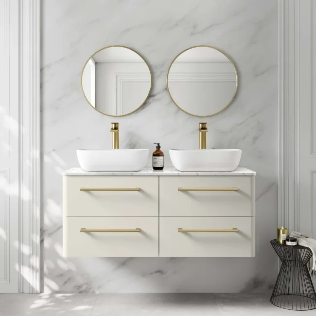 Omaha Linen White Wall Hung Drawer Vanity with Marble Top & Curved Counter Top Basin 1200mm - Brushed Brass Accents