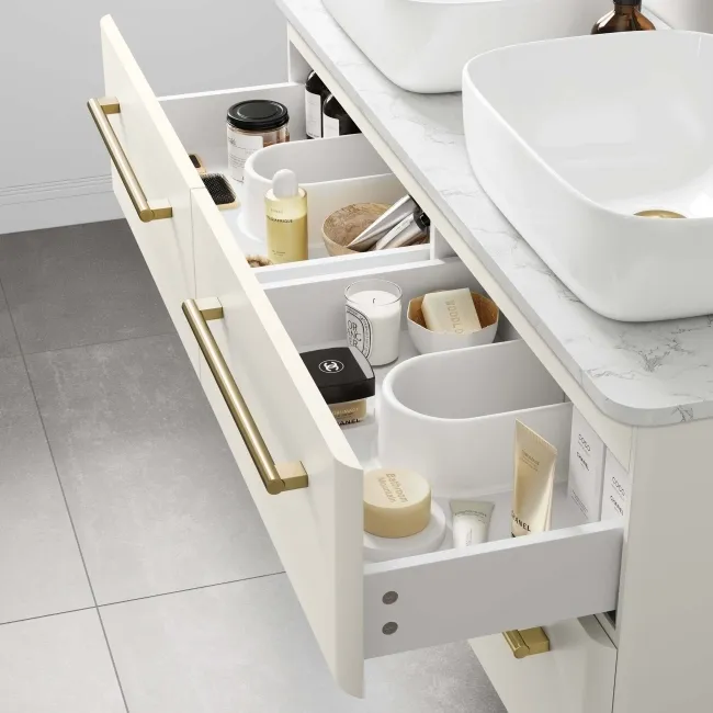 Omaha Linen White Wall Hung Drawer Vanity with Marble Top & Curved Counter Top Basin 1200mm - Brushed Brass Accents