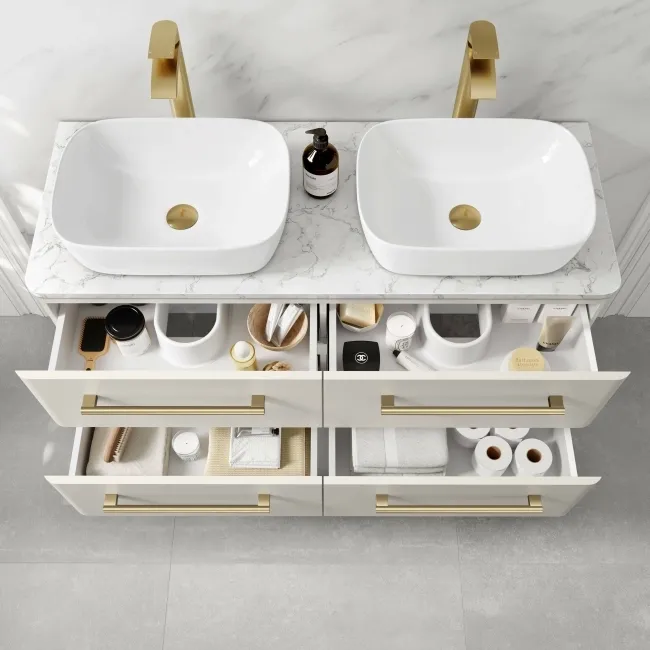 Omaha Linen White Wall Hung Drawer Vanity with Marble Top & Curved Counter Top Basin 1200mm - Brushed Brass Accents