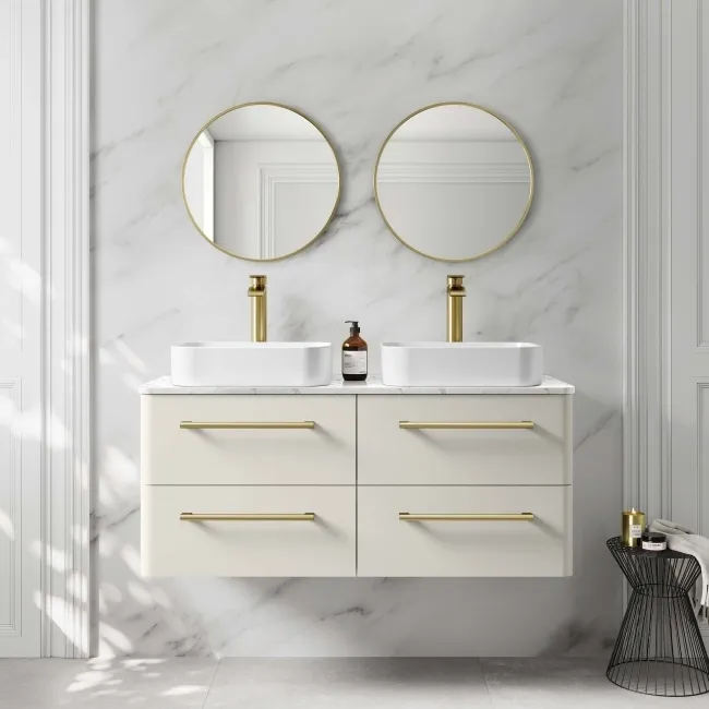 Omaha Linen White Wall Hung Drawer Vanity with Marble Top & Marin Basin 1200mm - Brushed Brass Accents