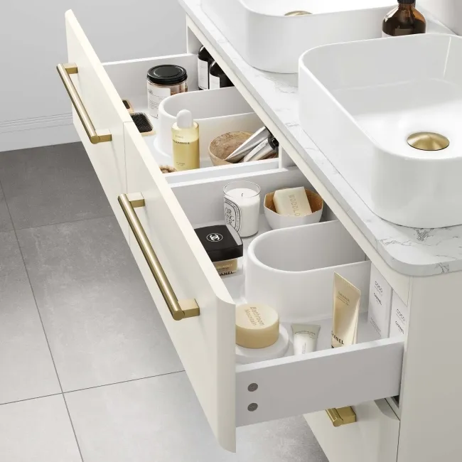 Omaha Linen White Wall Hung Drawer Vanity with Marble Top & Marin Basin 1200mm - Brushed Brass Accents