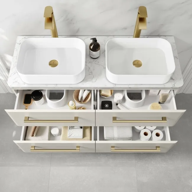 Omaha Linen White Wall Hung Drawer Vanity with Marble Top & Marin Basin 1200mm - Brushed Brass Accents