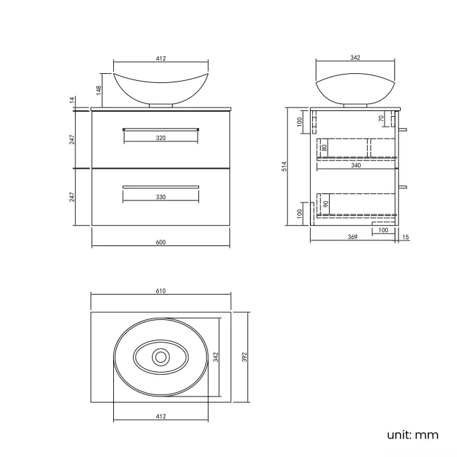 Elba Dawn Oak Wall Hung Drawer Vanity with Marble Top & Oval Counter Top Basin 600mm - Black Accents