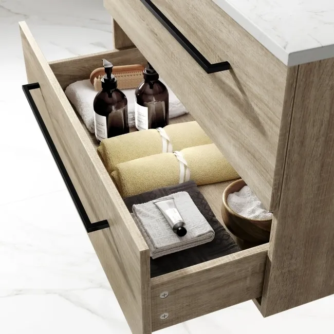 Elba Dawn Oak Wall Hung Drawer Vanity with Marble Top & Curved Counter Top Basin 800mm - Black Accents