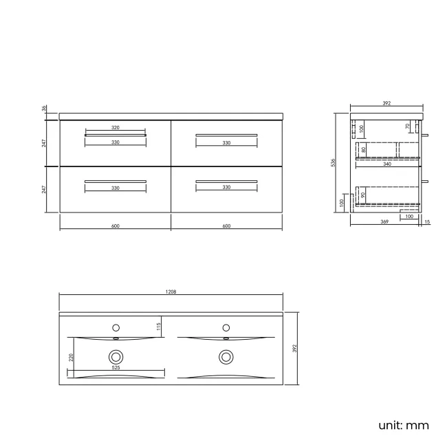 Elba Dawn Oak Wall Hung Double Basin Drawer Vanity 1200mm - Black Accents