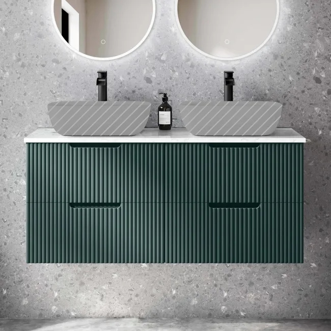 Crete Fluted Mystic Green Double Wall Hung Drawer Vanity with Marble Top 1200mm - Excludes Counter Top Basin