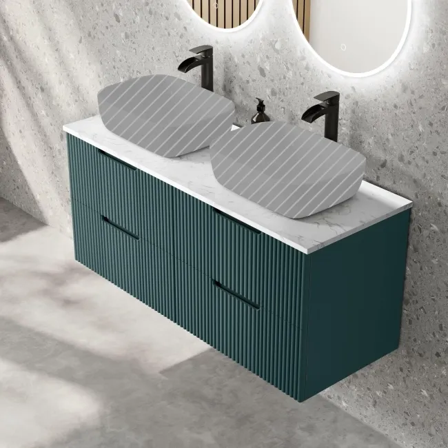 Crete Fluted Mystic Green Double Wall Hung Drawer Vanity with Marble Top 1200mm - Excludes Counter Top Basin