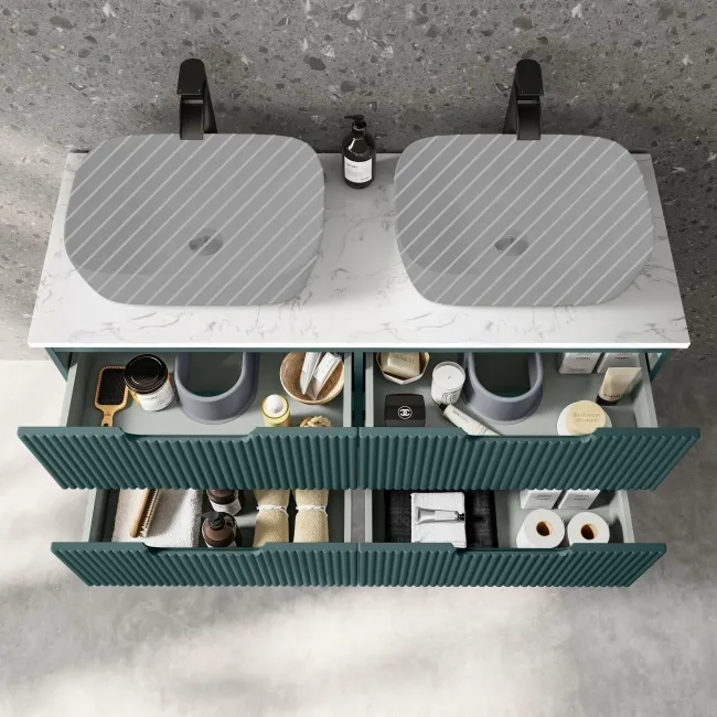 Crete Fluted Mystic Green Double Wall Hung Drawer Vanity with Marble Top 1200mm - Excludes Counter Top Basin
