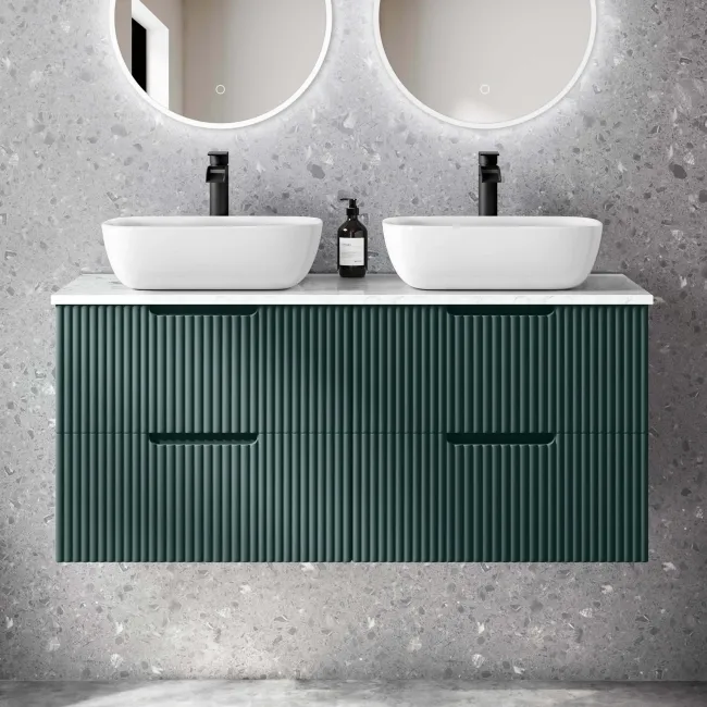 Crete Fluted Mystic Green Double Wall Hung Drawer Vanity with Marble Top & Curved Basin 1200mm