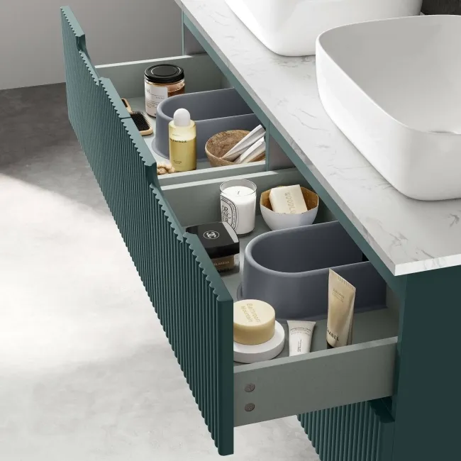 Crete Fluted Mystic Green Double Wall Hung Drawer Vanity with Marble Top & Curved Basin 1200mm