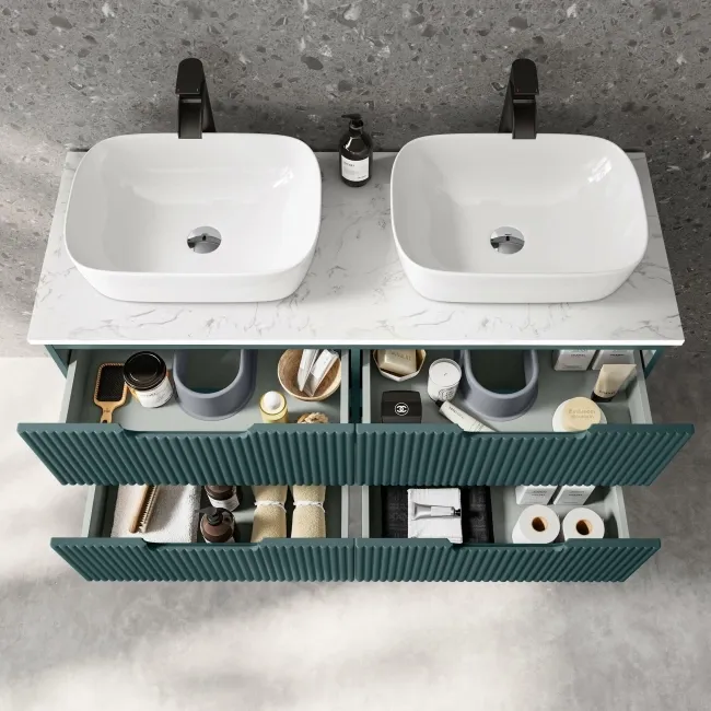 Crete Fluted Mystic Green Double Wall Hung Drawer Vanity with Marble Top & Curved Basin 1200mm
