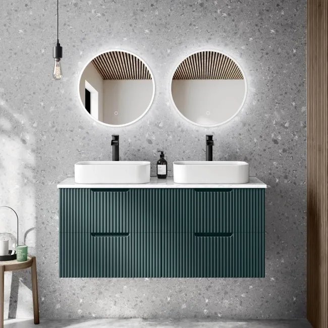 Crete Fluted Mystic Green Double Wall Hung Drawer Vanity with Marble Top & Marin Basin 1200mm