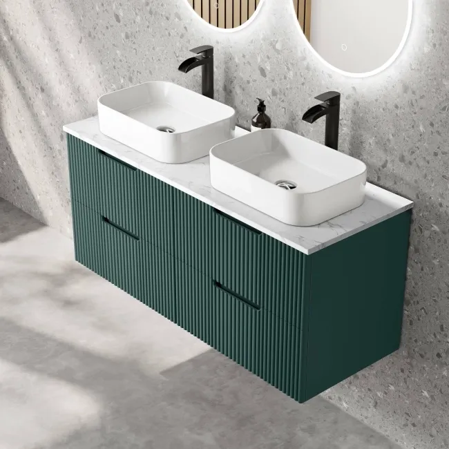 Crete Fluted Mystic Green Double Wall Hung Drawer Vanity with Marble Top & Marin Basin 1200mm