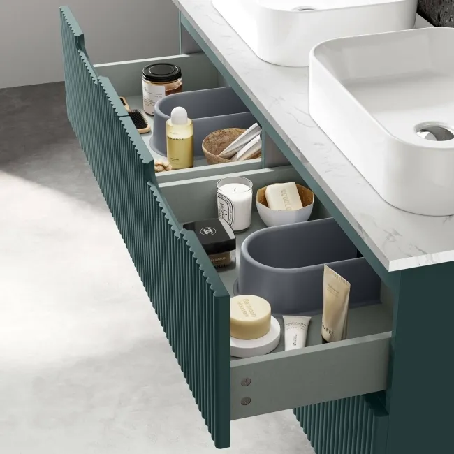 Crete Fluted Mystic Green Double Wall Hung Drawer Vanity with Marble Top & Marin Basin 1200mm