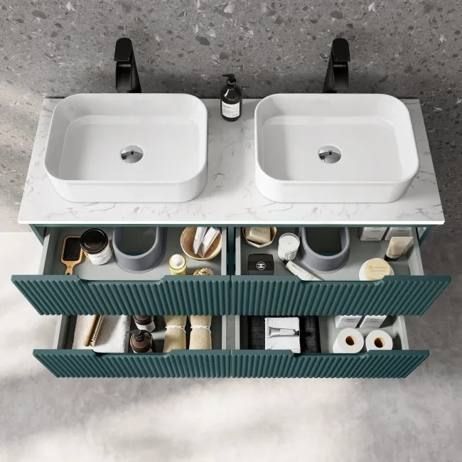 Crete Fluted Mystic Green Double Wall Hung Drawer Vanity with Marble Top & Marin Basin 1200mm