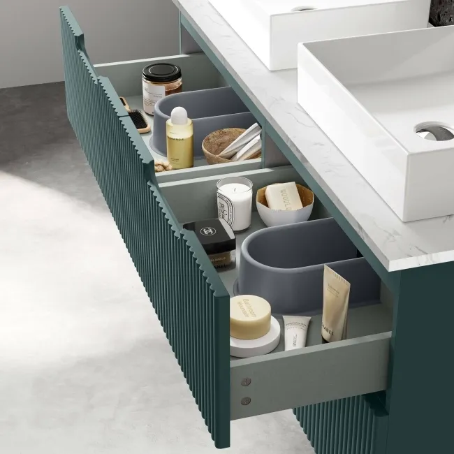 Crete Fluted Mystic Green Double Wall Hung Drawer Vanity with Marble Top & Cody Basin 1200mm
