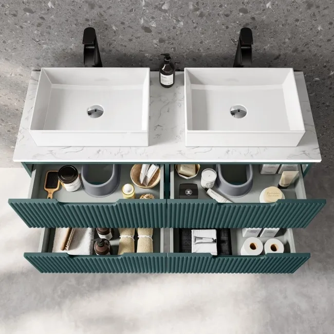 Crete Fluted Mystic Green Double Wall Hung Drawer Vanity with Marble Top & Cody Basin 1200mm
