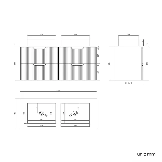 Crete Fluted Mystic Green Double Wall Hung Drawer Vanity with Marble Top & Cody Basin 1200mm