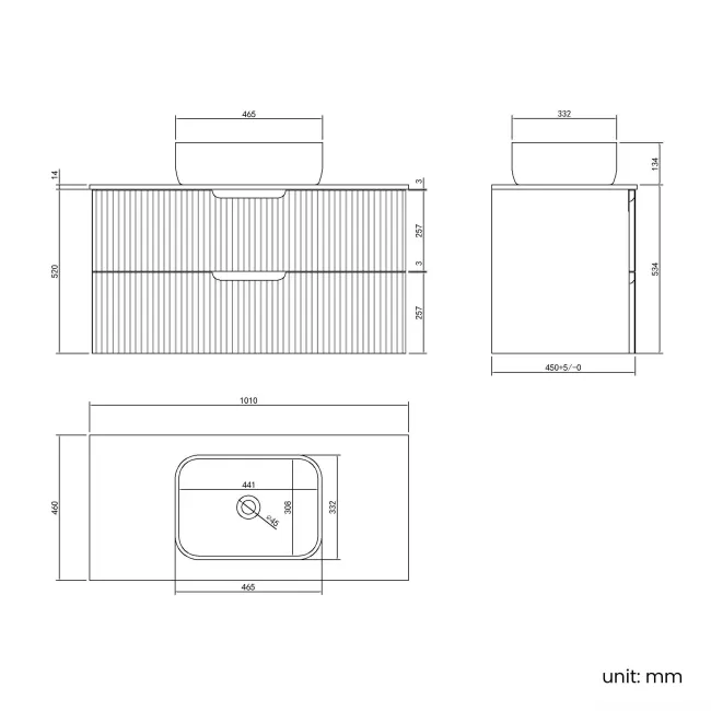 Crete Fluted Apex Oak Wall Hung Drawer Vanity with Marble Top & Curved Basin 1000mm