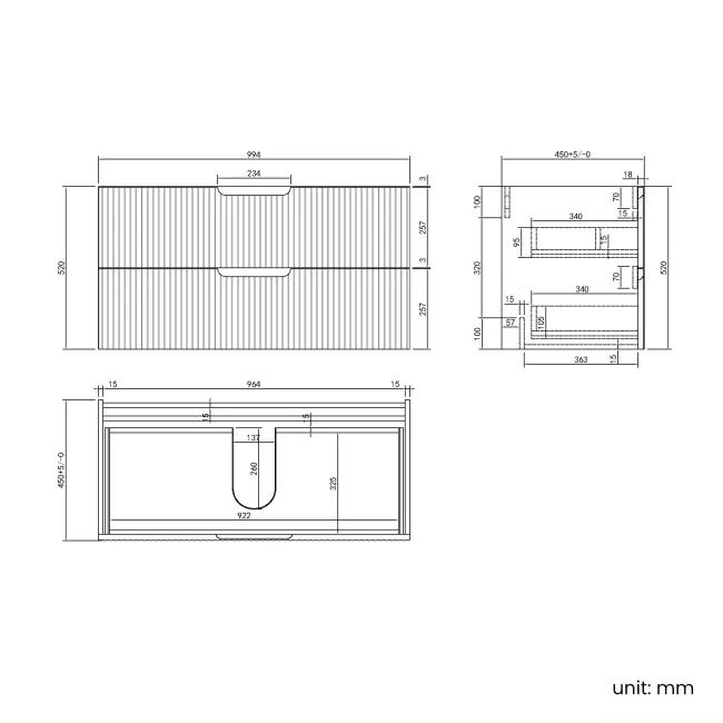 Crete Fluted Apex Oak Wall Hung Drawer Vanity with Marble Top & Curved Basin 1000mm