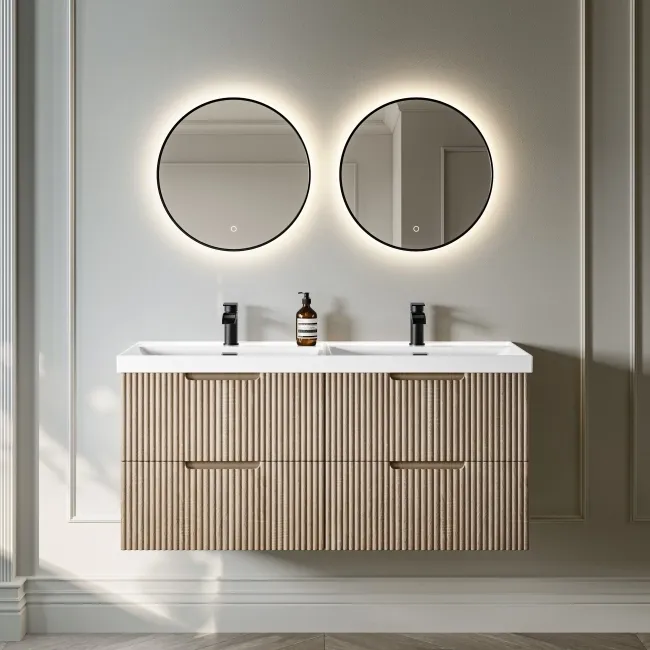 Crete Fluted Apex Oak Wall Hung Double Basin Drawer Vanity 1200mm