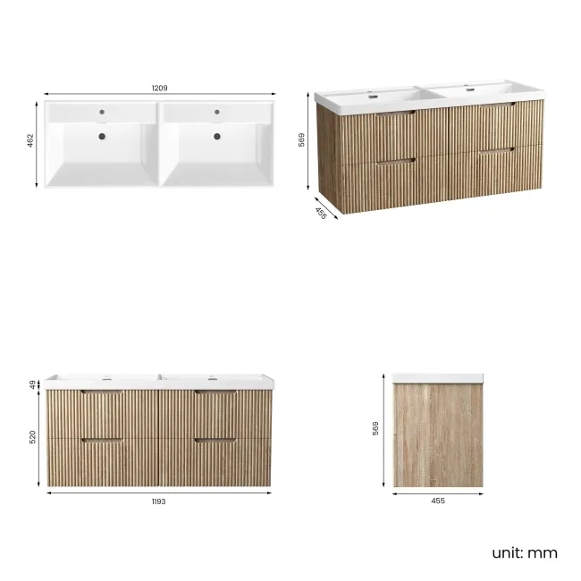Crete Fluted Apex Oak Wall Hung Double Basin Drawer Vanity 1200mm