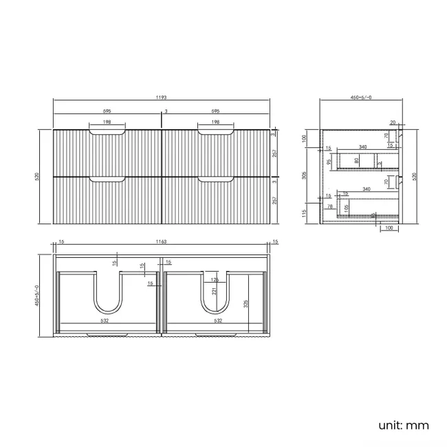 Crete Fluted Apex Oak Wall Hung Double Basin Drawer Vanity 1200mm