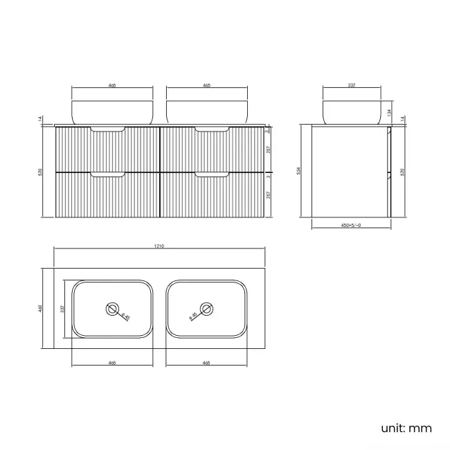 Crete Fluted Apex Oak Double Wall Hung Drawer Vanity with Marble Top & Curved Basin 1200mm