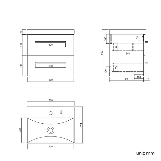 Elba Dawn Oak Wall Hung Basin Drawer Vanity 500mm