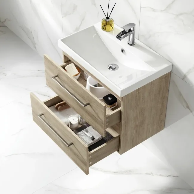 Elba Dawn Oak Wall Hung Basin Drawer Vanity 600mm